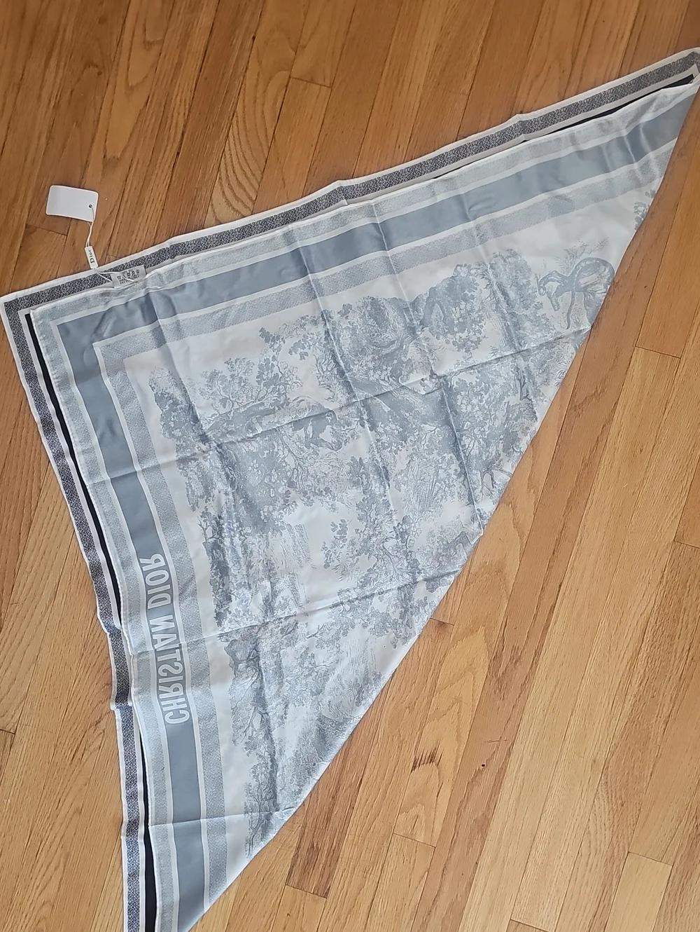 Large Toile Print Silk Scarf 32inx32in square - Navy and White